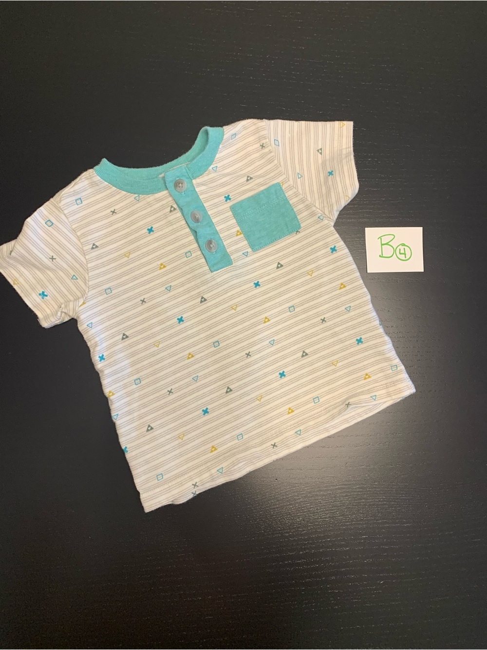 ⭐️2/$5.00⭐️ Old Navy 6-12m White Tee with Teal Trim and Multicolor Geo Accents